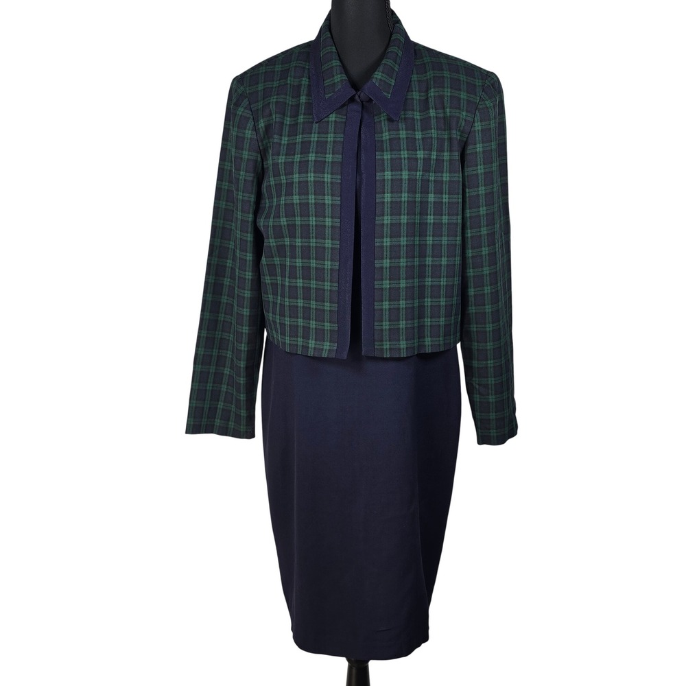 VTG D.J. Summers Womens Plaid‎ Blazer and Navy Sheath Dress 2 Piece Set Size 14